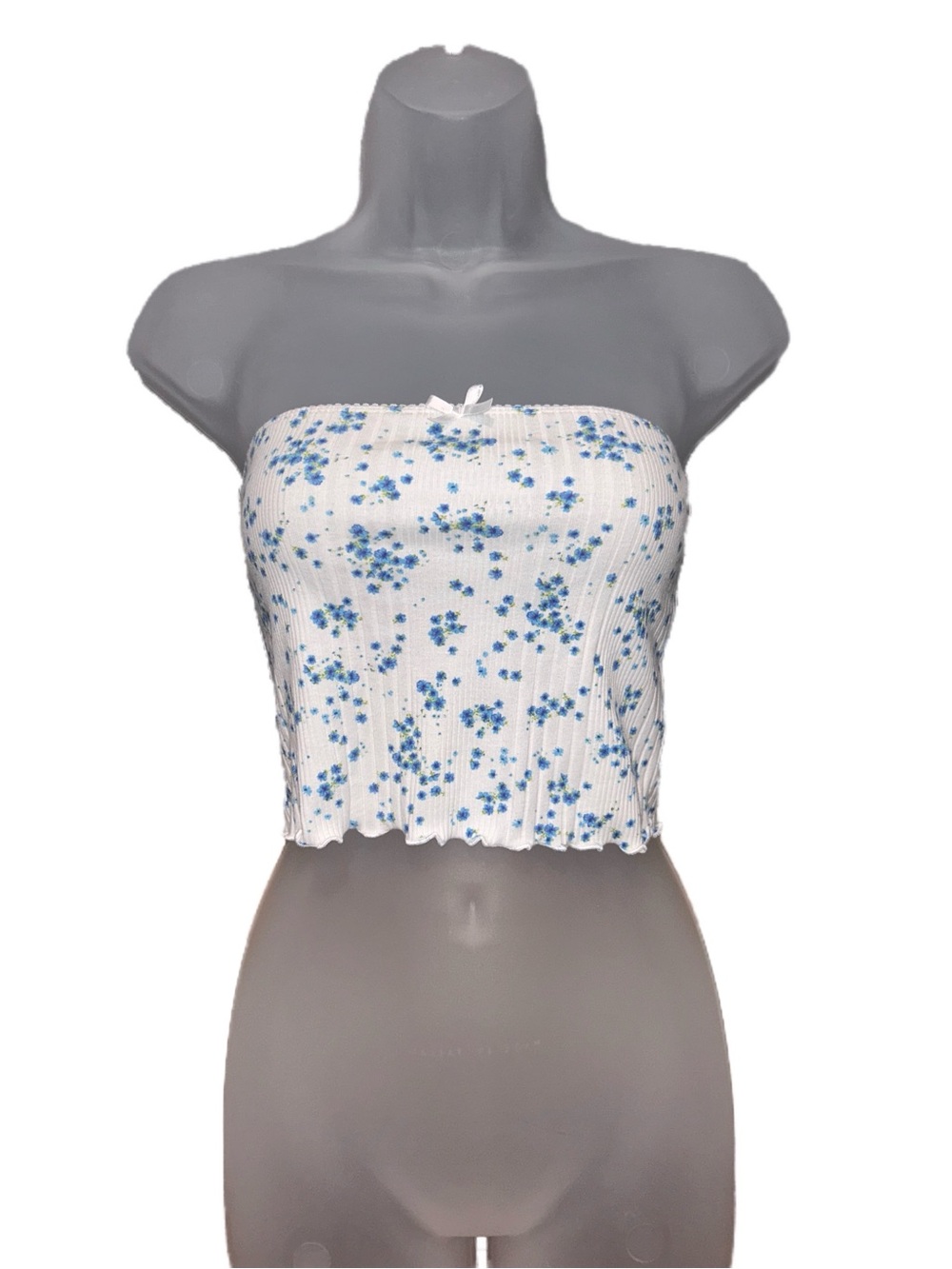 Forever 21 White Strapless Ribbed Crop Top with Blue Floral Print